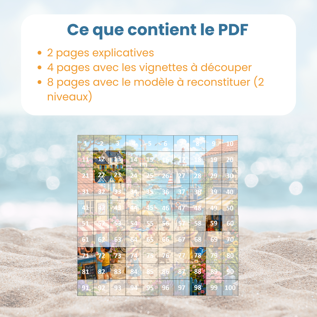 contenu du PDF table de 100 été : fiches explicatives, vignettes et modèles du puzzle