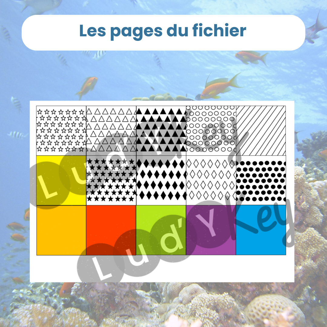 Page couleur et motif pour le tableaux à double entrée crabe, dauphin et pieuvre