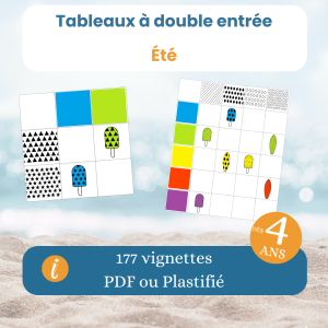 Visuel principal du jeu tableau à double entrée été dès 4 ans : jeu de logique enfant PDF à imprimer