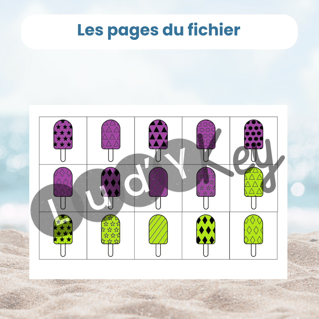 Planche de vignettes glaces esquimaux à découper pour jeu de tableau à double entrée été au format PDF