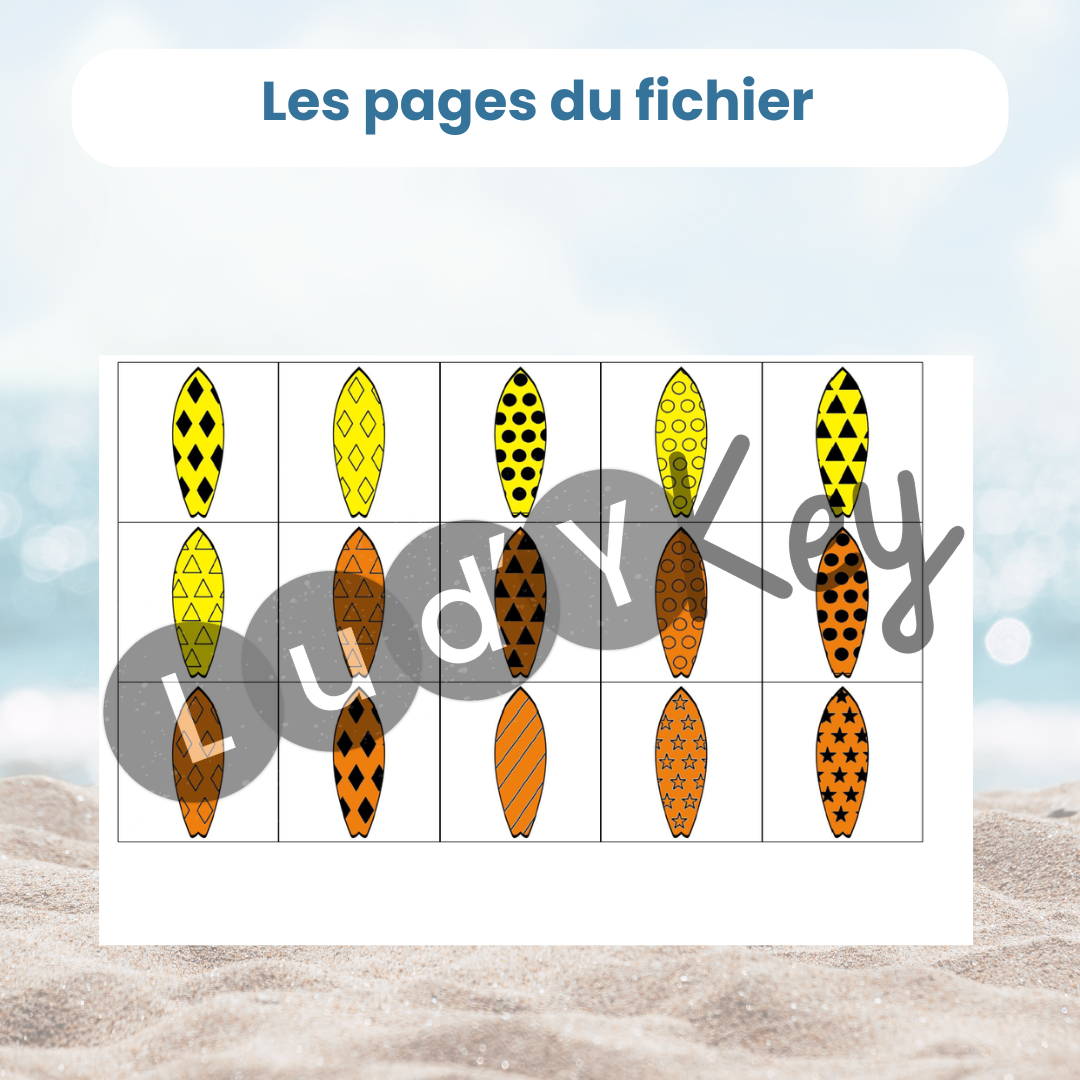 Exemple de page du fichier : étiquettes planches de surf à découper pour jeu de logique été